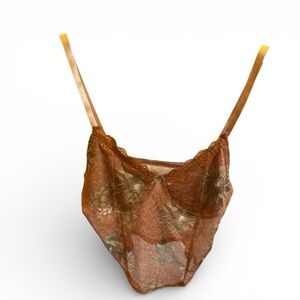 Floral Print Brown Rust Colored Babydoll Sheer Camisole Crop Top Tank Top Blouse